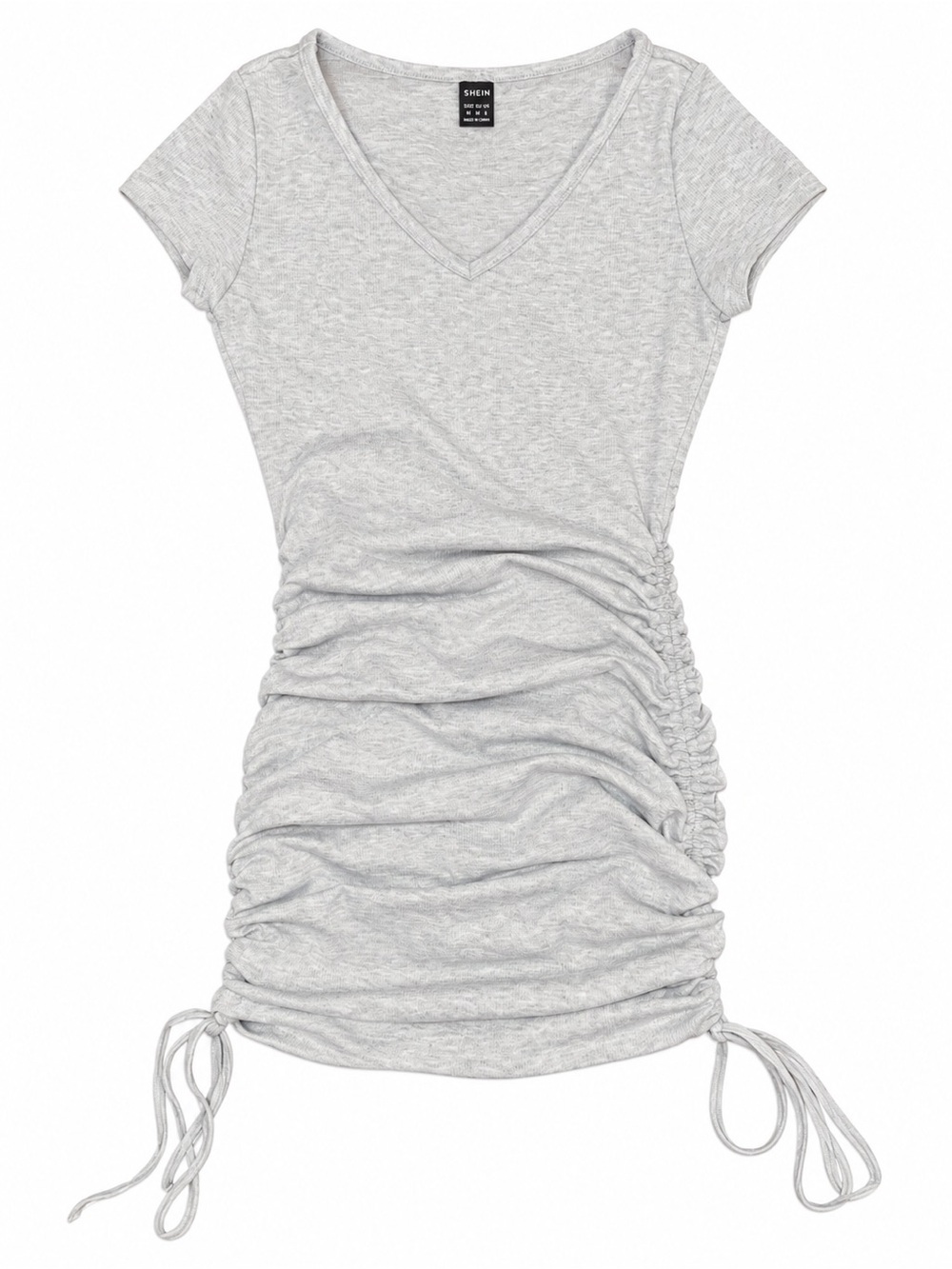 SHEIN Light Gray Ruched V-Neck Short Sleeve Dress with Side Ties